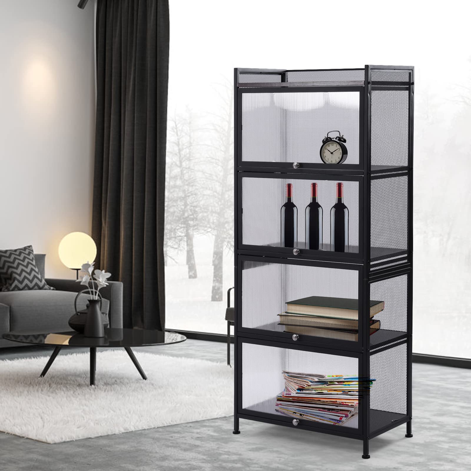 5-Tier Kitchen Pantry Storage Cabinet with Drawer & Net Rack - Organize Spices, Food & Supplies - Perfect for Living Room, Bathroom & Entryway (Black)