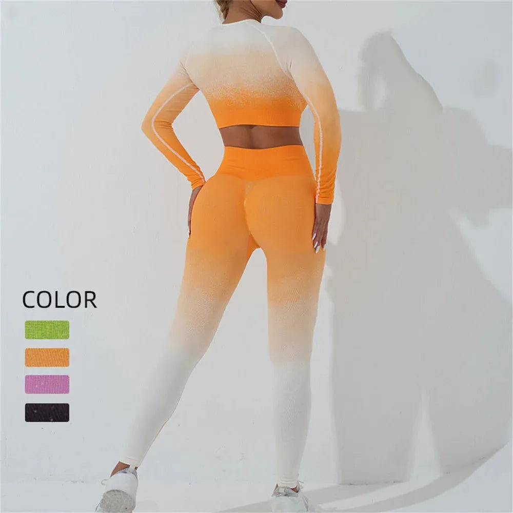 Seamless Women's Yoga Set - Workout Tracksuit Sportswear Gym Clothing with Long Sleeve Crop Top & High Waist Leggings - Gradient Fitness Outfit for Yoga, Pilates, Running & Gym Training