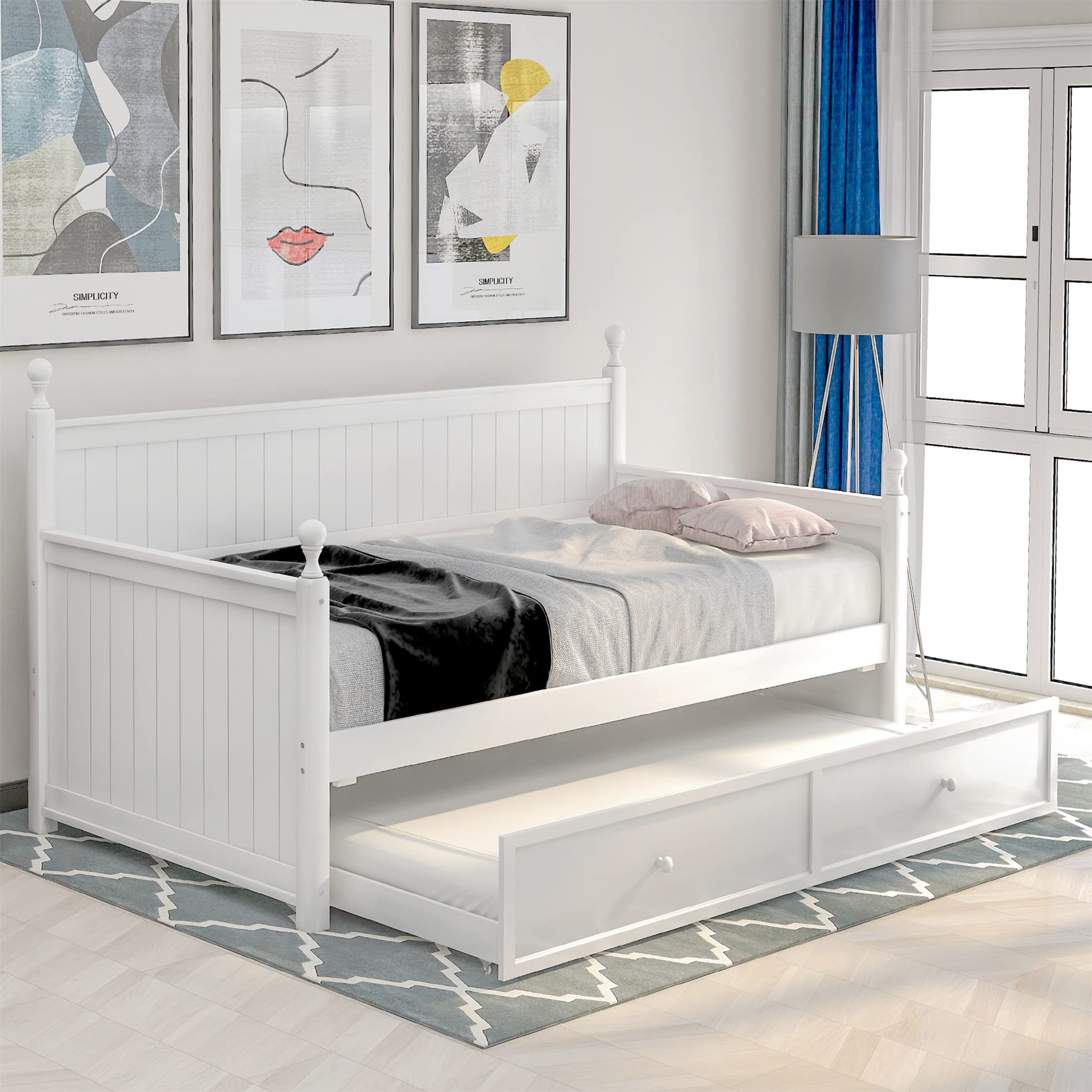 Harper & Bright Designs Twin Daybed with Trundle - White Wooden Sofa Bed for Living Room, Bedroom & Guest Room - Space-Saving Platform Bed for Kids & Adults - No Box Spring Needed - Perfect for Small Spaces, Sleepovers & Multi-Purpose Furniture Needs