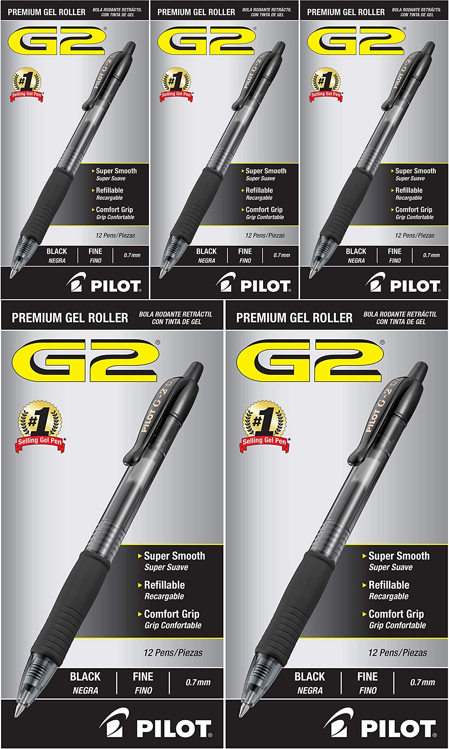 Premium PILOT G2 Retractable Gel Pens - Fine Point 0.7mm Black Ink, 12-Pack (5 Sets) for Office, School & Note Taking - Smooth Writing Refillable Rollerball Pens