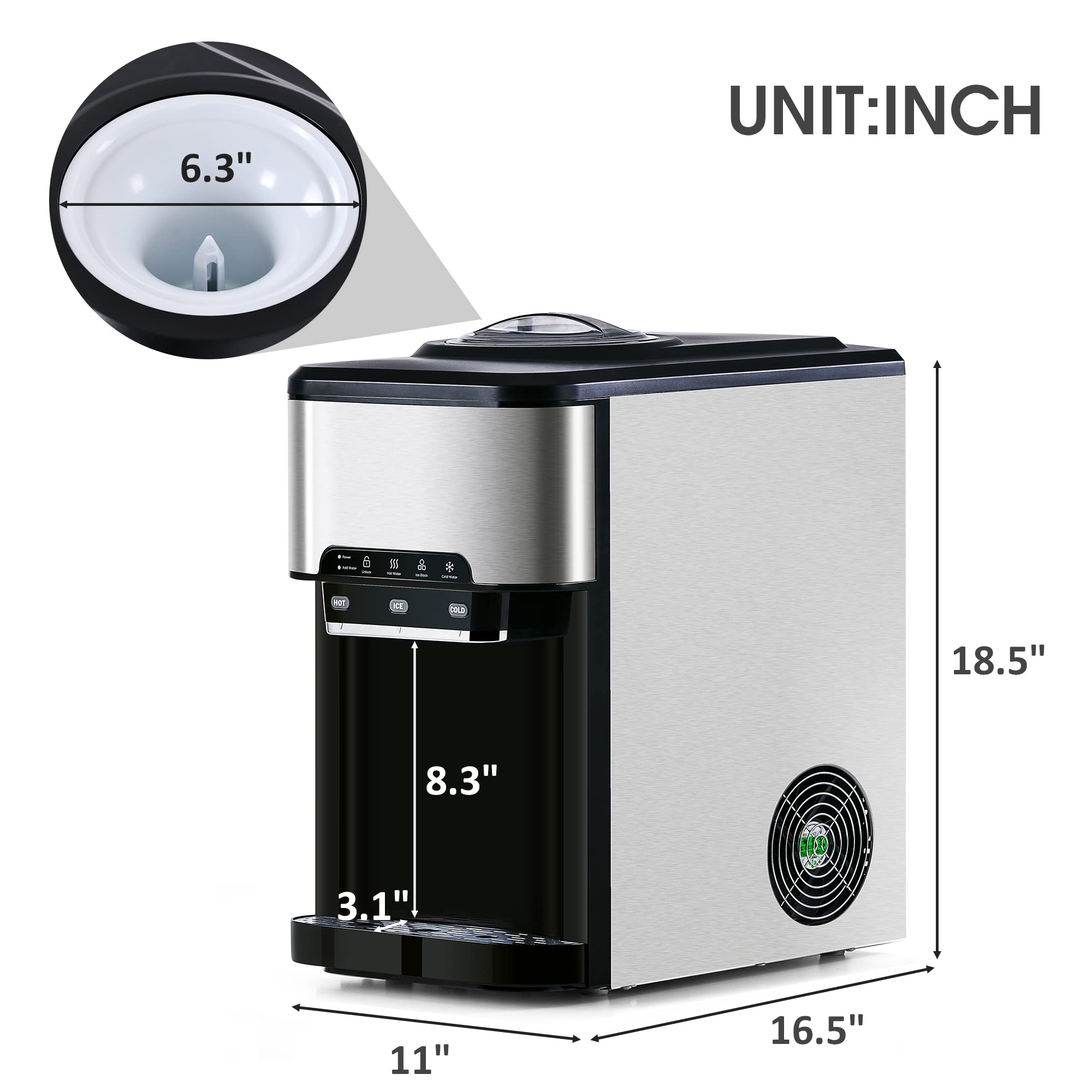 Automatic Countertop Ice Maker with Water Dispenser - 6-Minute Quick Ice Making, Hot & Cold Water Options, Top Loading & Bottleless Design - Perfect for Home, Office, and RV Use