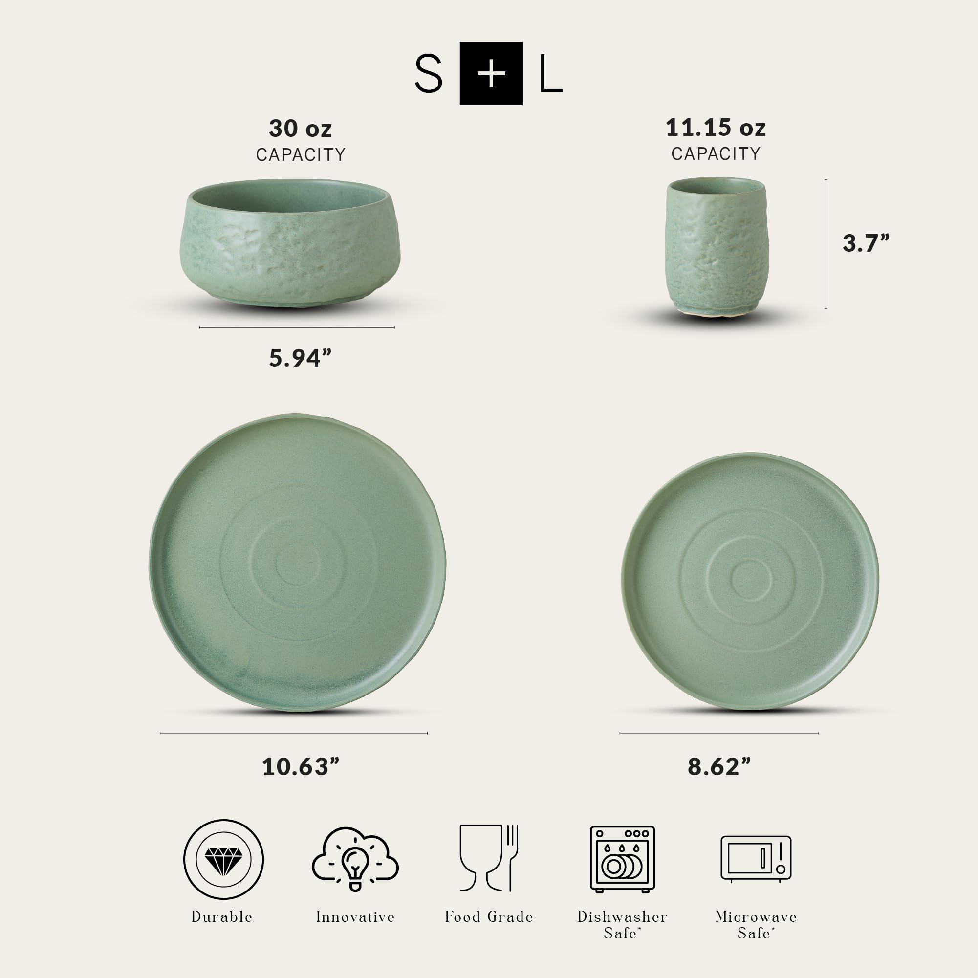 Mercer Project SHOSAI 16-Piece Stoneware Dinnerware Set - Modern Plates & Bowls Set for 4, Sage Green - Elegant Tableware for Everyday Dining, Dinner Parties & Home Decor