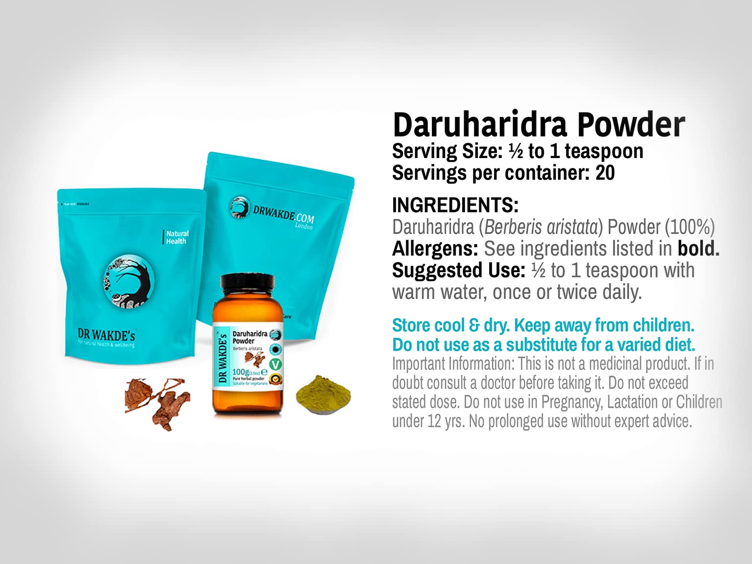 DR WAKDE'S Daruharidra Powder (Berberis aristata) - 500g (1.1lb) | 100% Pure Raw Dried Ayurvedic Herb Powder | Vegan Premium Grade Fine Powder | No Additives or Preservatives | Perfect for Herbal Tea, Skincare & Natural Remedies