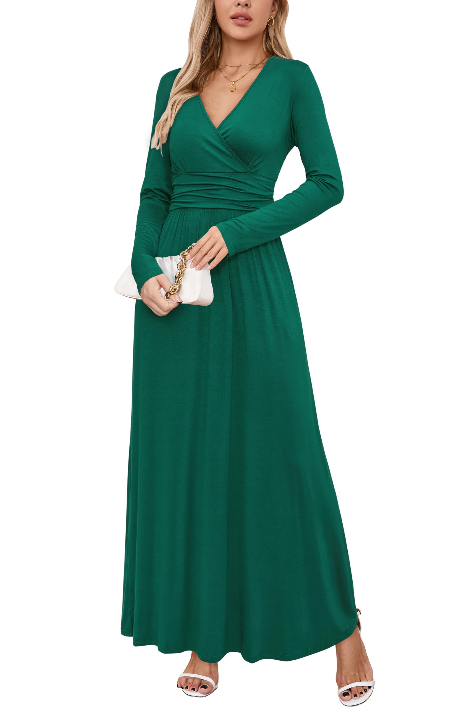 OUGES Women's Long & Short Sleeve V-Neck Wrap Waist Maxi Dress - Elegant Flowy Summer Beach Dress for Vacation, Party & Casual Wear
