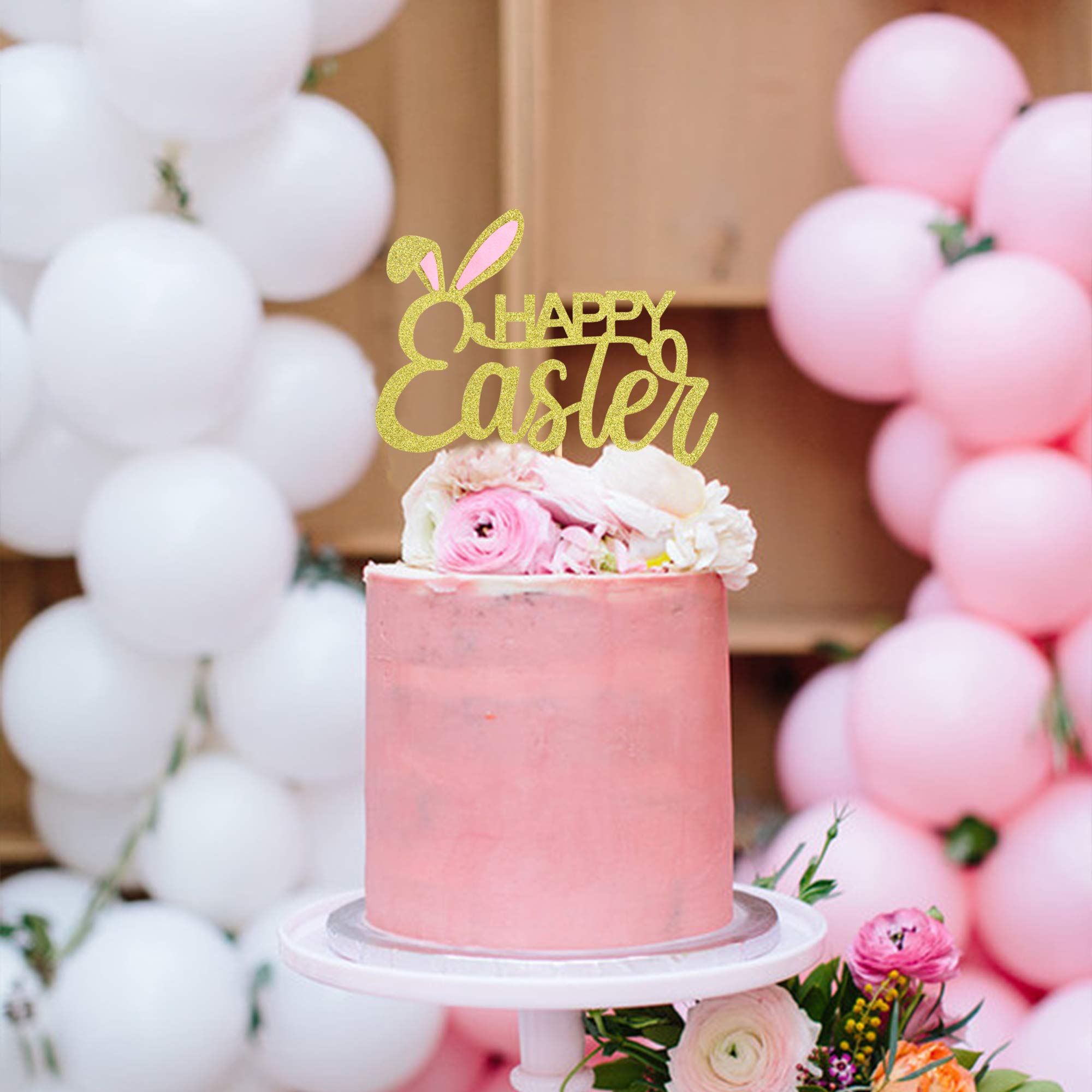 Happy Easter Cake Topper - 1 Pack Bunny Ear Gold Glitter Cake Picks for Easter Theme Party Decorations | Perfect for Easter Cakes, Cupcakes, Desserts & Holiday Celebrations