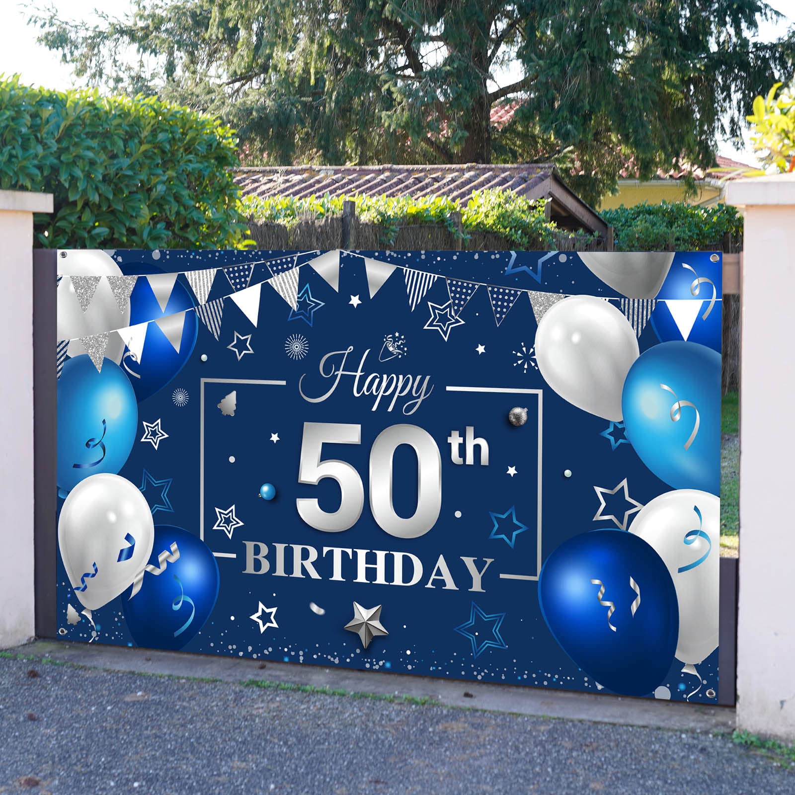 Navy Blue & Silver Happy Birthday Party Backdrop Banner - 50th Birthday Photography Decor for Men & Women, Anniversary Party Photo Props & Supplies - Perfect for Indoor & Outdoor Celebrations, Photo Booths & Social Media Posts