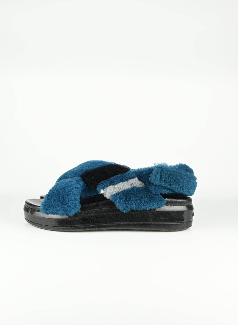 Prada Blue Fur Sandals Women's Size 39 - Luxury Designer Slides for Summer & Beach Wear