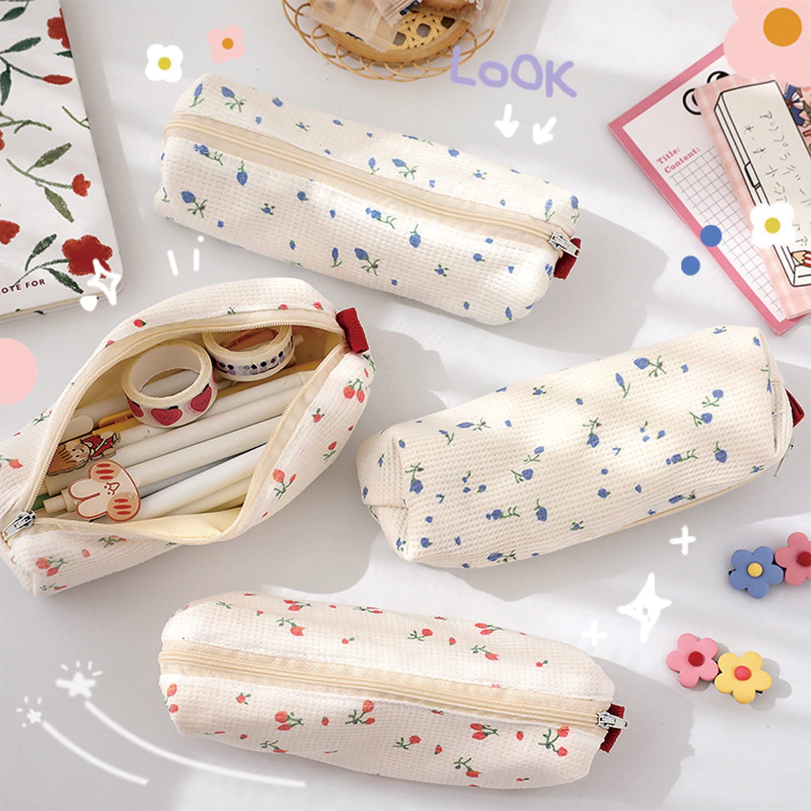 2 Pack Floral Pencil Cases for Women - Cute Soft Flower Design Pen Holder & Cosmetic Makeup Pouch (Perfect for School, Office & Travel Organization)