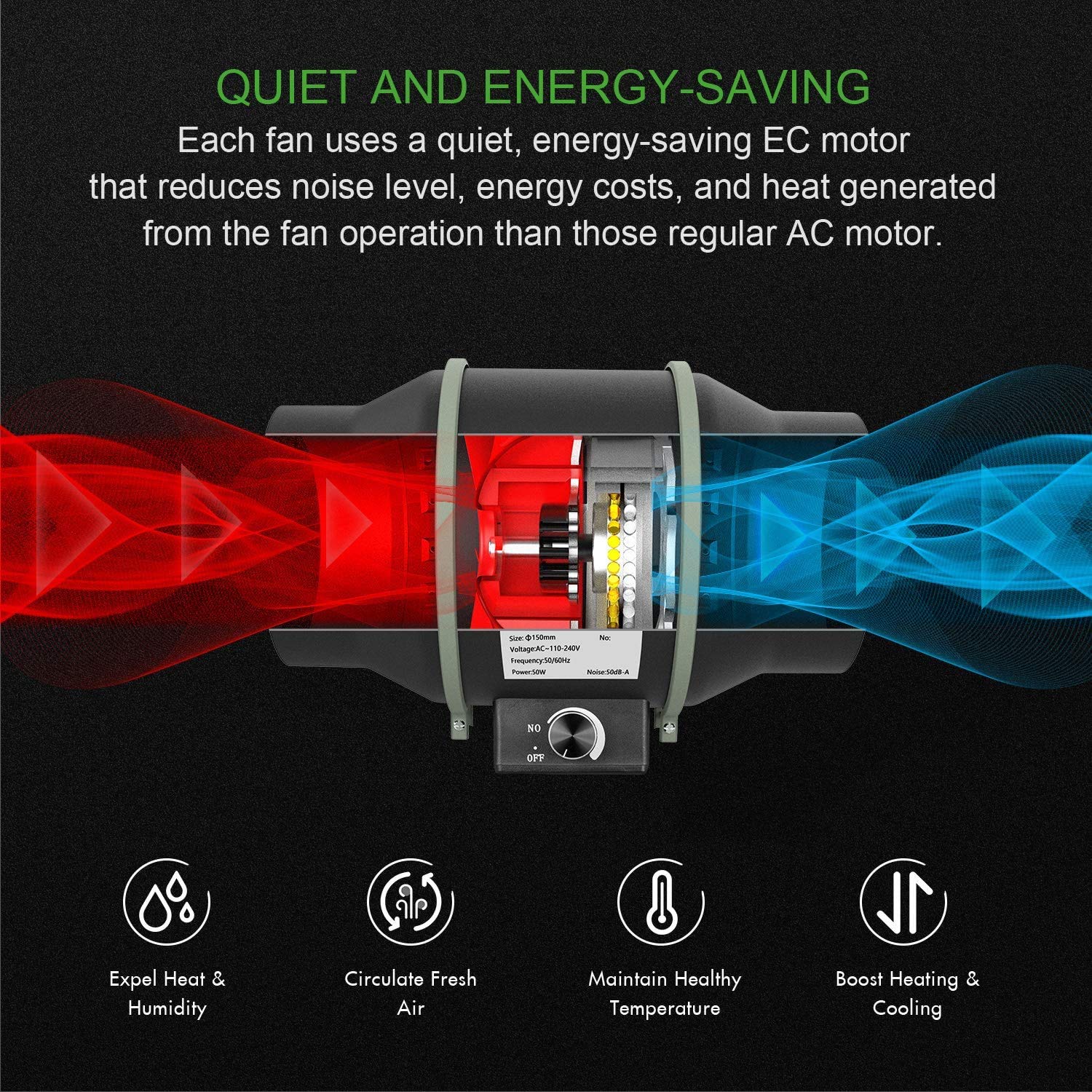 HealSmart 6 Inch Inline Duct Fan with Rotating Button Control - High CFM Ventilation Exhaust Fan for HVAC, Grow Tents, Hydroponics & Indoor Gardening | Perfect for Home, Greenhouse & Commercial Use