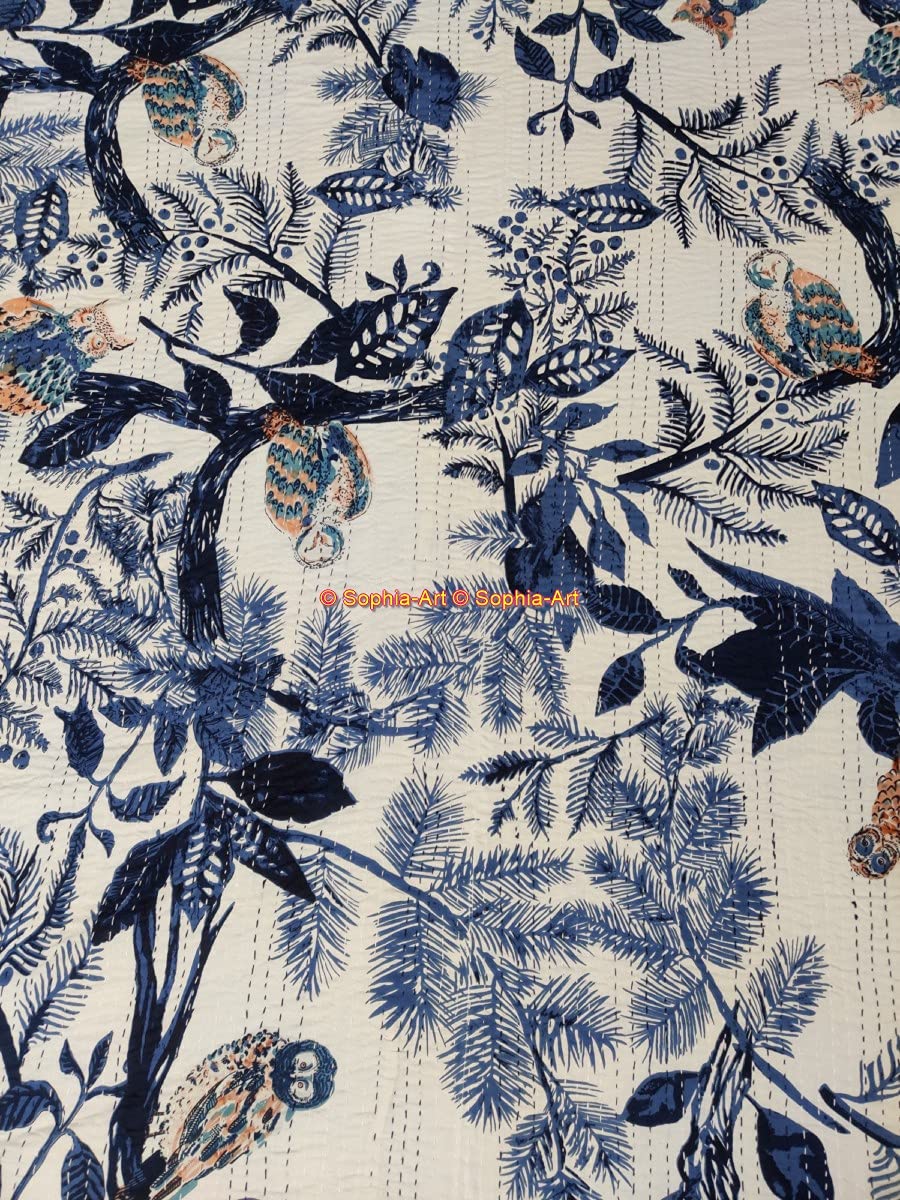 Sophia-Art Handmade Indian Owl Printed Kantha Quilt - 100% Cotton King Size Blanket (90