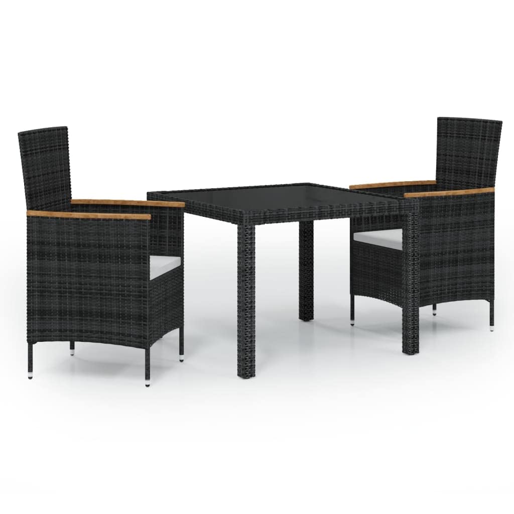vidaXL 3-Piece Outdoor Patio Dining Set with Cushions - Black Poly Rattan Furniture with Powder-Coated Steel Frame, Weather-Resistant & Removable Cushions - Perfect for Garden, Backyard, Poolside or Terrace Dining
