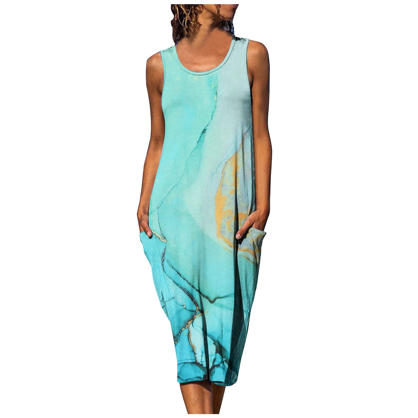 Women's Floral Print Casual Summer Dress - Sleeveless Round Neck Loose Midi Dress for Beach, Vacation & Everyday Wear