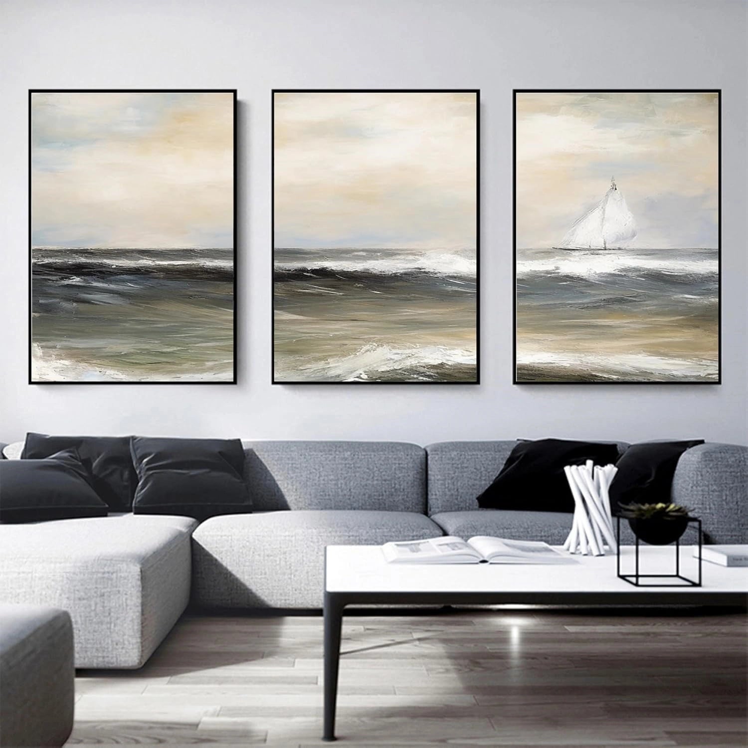 Ocean and Sky Painting Set of 3 - Coastal Wall Art for Living Room, Bedroom & Office Decor | #OS264 | Beach Themed Canvas Prints for Home Decoration