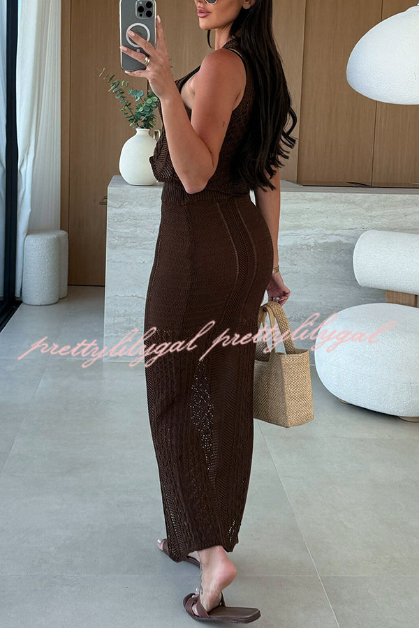 Stylish Solid Color Sleeveless Hollow Knit Crop Top & Elastic Slit Slim Midi Skirt Set - Summer Outfit for Women | Perfect for Beach, Party & Casual Wear