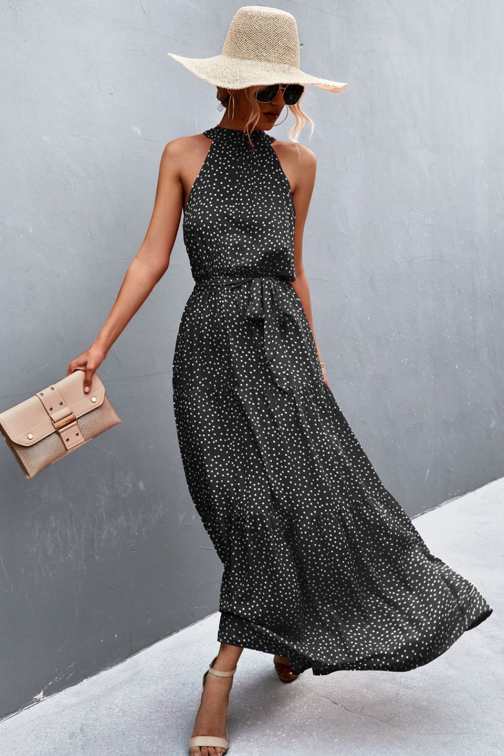 Stylish Printed Sleeveless Tie Waist Maxi Dress for Women - Summer Beach Vacation & Casual Outfit