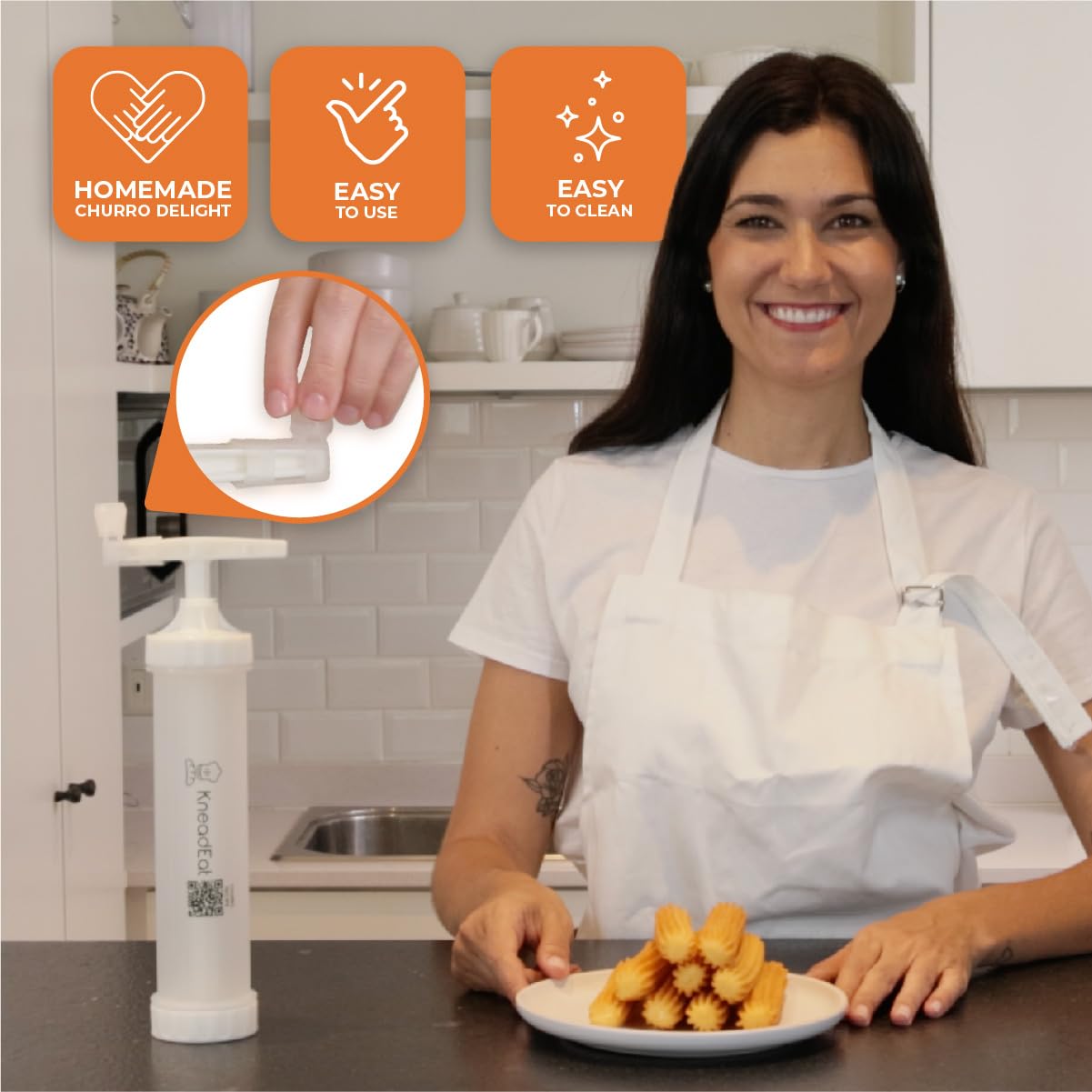 Electric Churro Maker Kit with Booster Handle - 3 Nozzle Churrera, Piping Bag & Scissors - Easy Homemade Churros with QR Recipe - Perfect for Parties, Desserts & Family Baking Fun