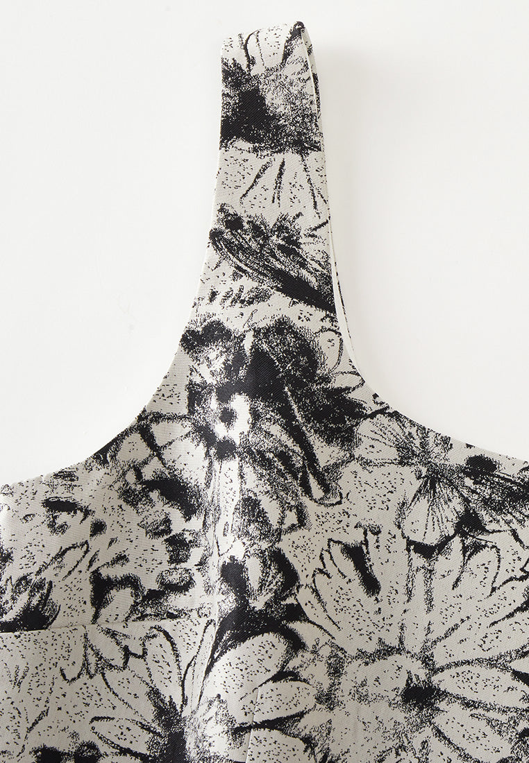 Elegant Black and White Floral Print Pleated Midi Dress for Women | Summer Party, Wedding Guest, Office Wear