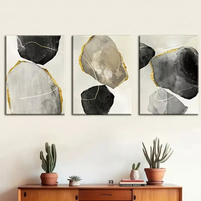 3-Piece Abstract Modern Stone Gold Black Wall Art Set - Framed Canvas 40x60cm (16x24in) - High Quality Print - 100% Australian Made - Ready to Hang Wall Decor for Living Room, Bedroom & Office