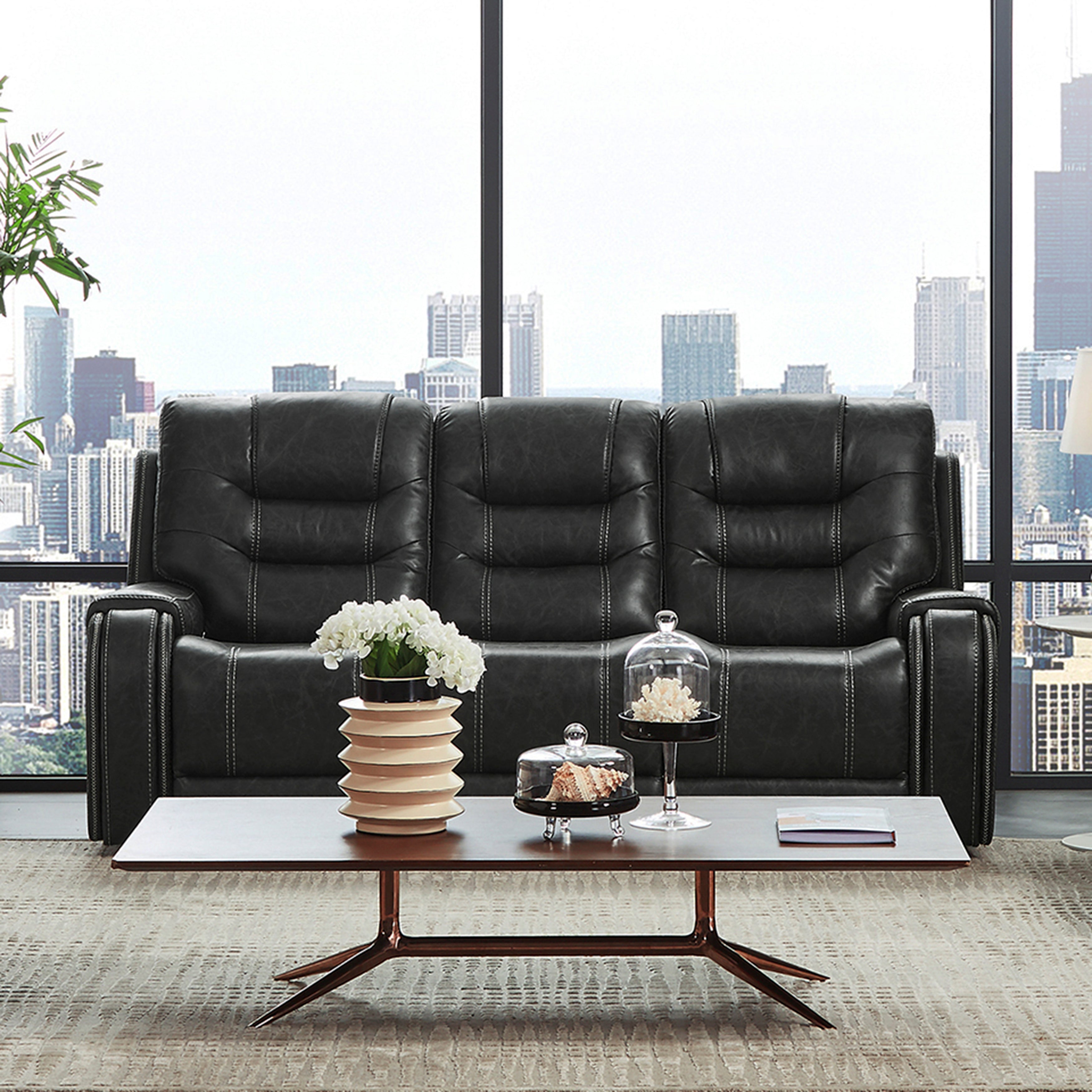 Rowena Modern Faux Leather Recliner Sofa with Cup Holders & USB Ports - Smoke Gray - Comfortable Living Room Furniture for Home Theater & Gaming Setup
