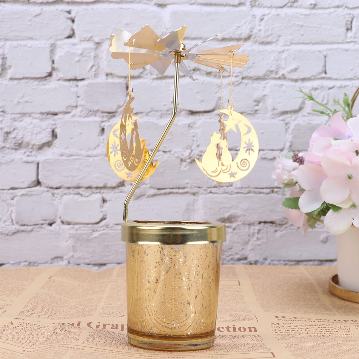 3-Wick Rotating Candle Holder Stand - German Christmas Pyramid Metal Candle Carousel with Cover | Perfect for Holiday Decor, Christmas Tree Topper, and Festive Home Ambiance