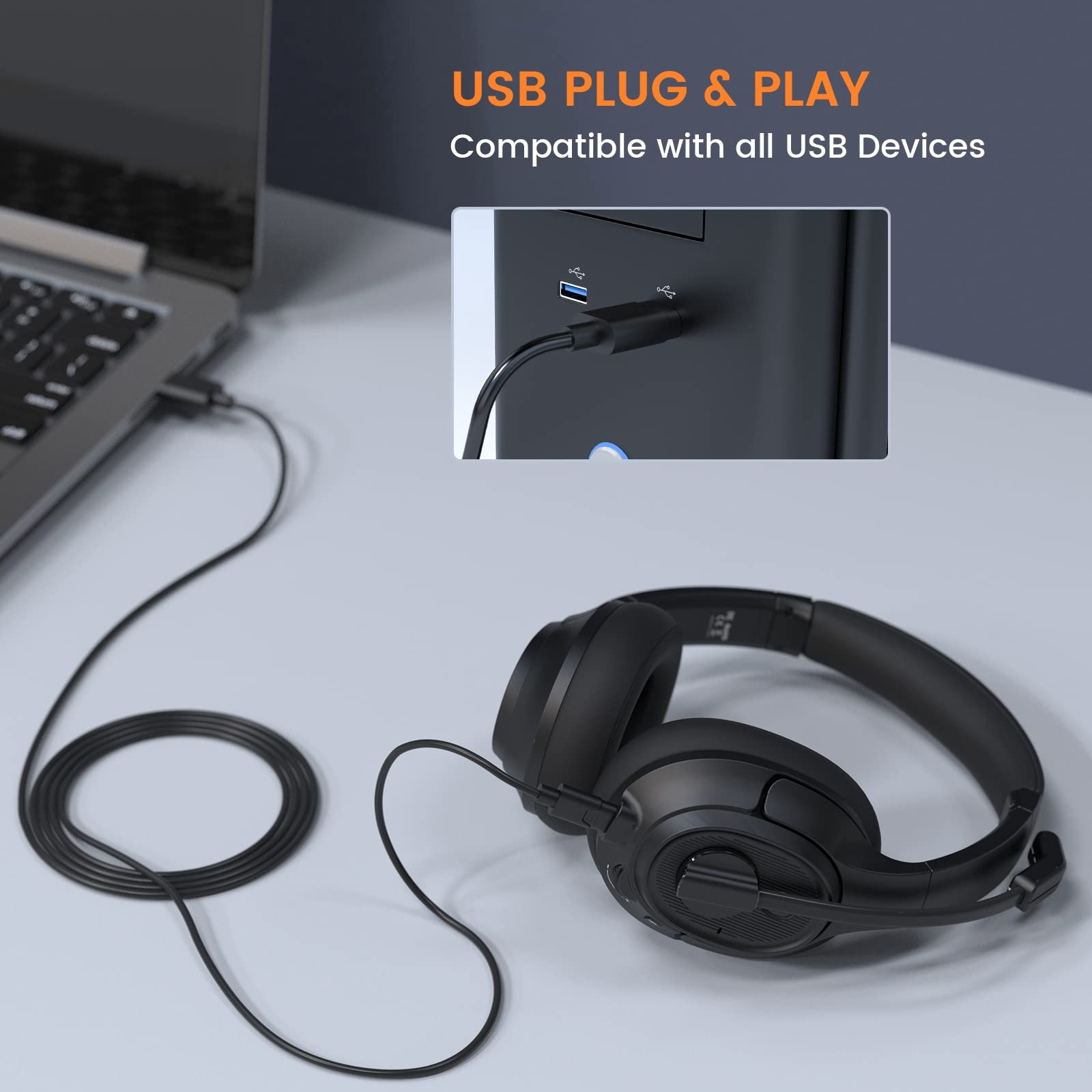 EKSA H2 USB Gaming Headset with Noise Cancelling Microphone - Over-Ear PC Headphones for Laptop, Computer, Call Center - Mute Button & Volume Control - Perfect for Zoom Meetings, Teams Calls, Home Office & Online Classes