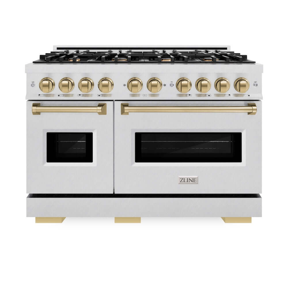 ZLINE Autograph Edition 48-inch 6.7 cu. ft. Classic Double Oven Dual Fuel Range with 8-Burner Gas Cooktop in Satin Stainless Steel & Champagne Bronze Accents (CDRSZ 48 CB) - Perfect for Large Kitchens, Professional Chefs & Home Cooking Enthusiasts