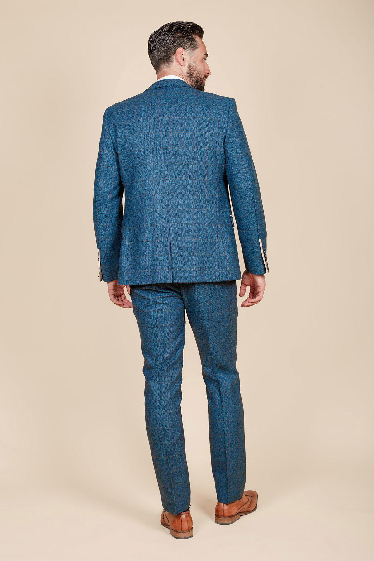 Men's Blue Tweed Check Suit with Kelvin Cream Waistcoat - Formal Business Attire for Weddings & Office Meetings