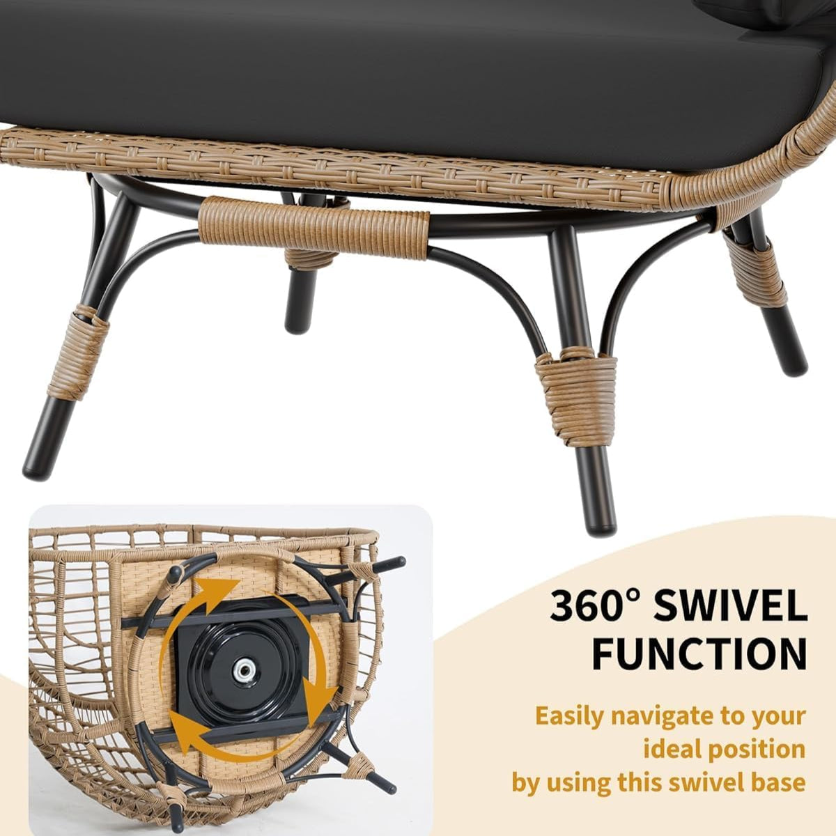 GARVEE 360° Swivel Egg Chair - Oversized Rotating Wicker Hanging Chair with Steel Frame & Waterproof PE Rattan - Indoor Outdoor Lounge Chair for Patio, Garden, Living Room & Backyard - Perfect for Relaxing, Reading & Sunbathing