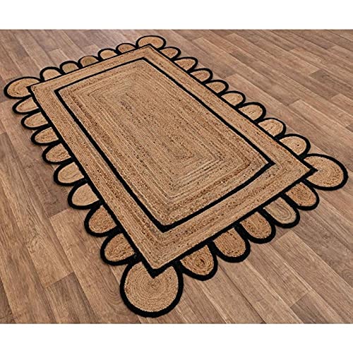 Handwoven Jute Area Rug with Scalloped Edge - 6x6 Square Feet Natural Beige Farmhouse Rug with Black Border for Bedroom, Living Room, Kitchen - Eco-Friendly Braided Floor Mat for Boho Decor & Cozy Home Style