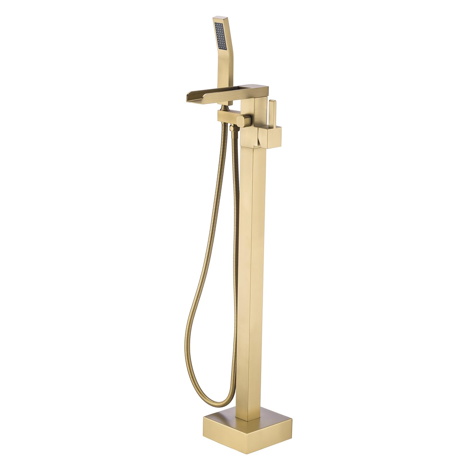 Premium BAGNOLUX Floor Mount Bathtub Faucet - Single Handle Brass Tub Filler with Hand Shower, Waterfall Style (Brushed Brass) - Perfect for Modern Bathroom & Spa Retreats