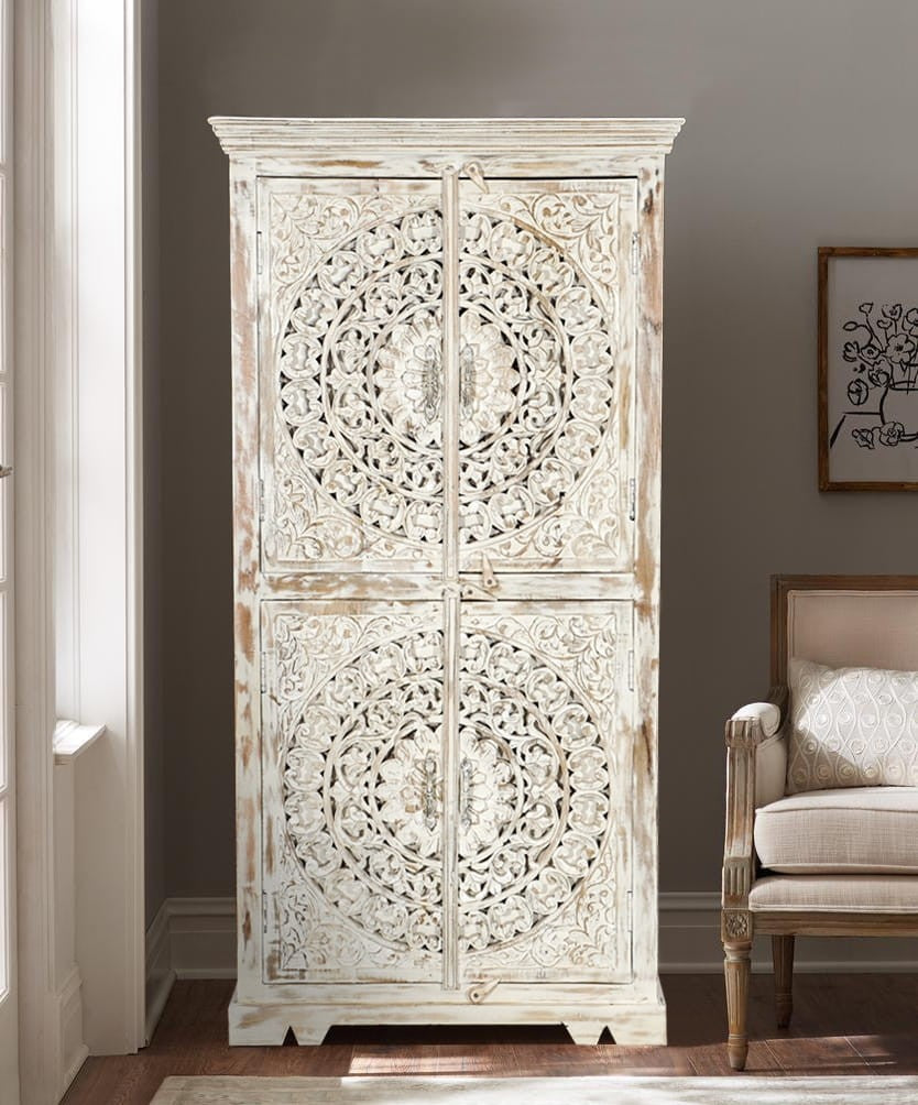 Handcrafted Indian Solid Wood Wardrobe Cabinet - White | Vintage Style Storage for Bedroom, Closet & Home Organization