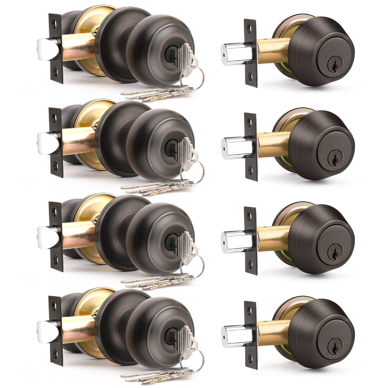 4 Pack Keyed Alike Front Door Knob and Deadbolt Set - Single Cylinder Deadbolt Entry Door Locksets - Oil Rubbed Bronze Flat Round Door Lock for Bedroom, Office & Exterior Doors - Secure Your Home, Office or Rental Property