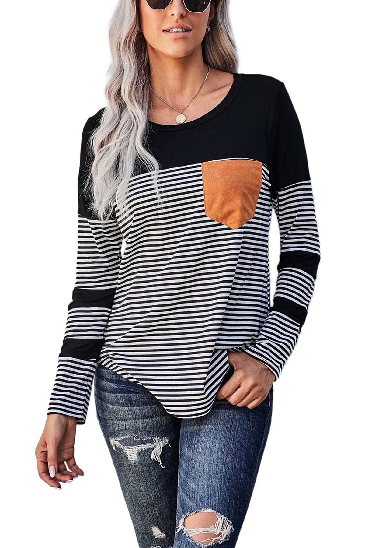 KINSWT Women's Color Block Striped Tunic Top - Long Sleeve Crewneck T-Shirt for Casual Wear, Office & Everyday Outfits