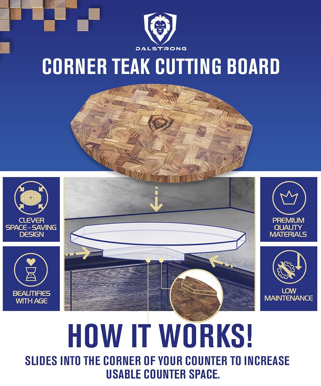 Premium DALSTRONG Corner Counter Cutting Board - Lionswood End-Grain Teak Wood with Slicing & Carving Knife Set - 12