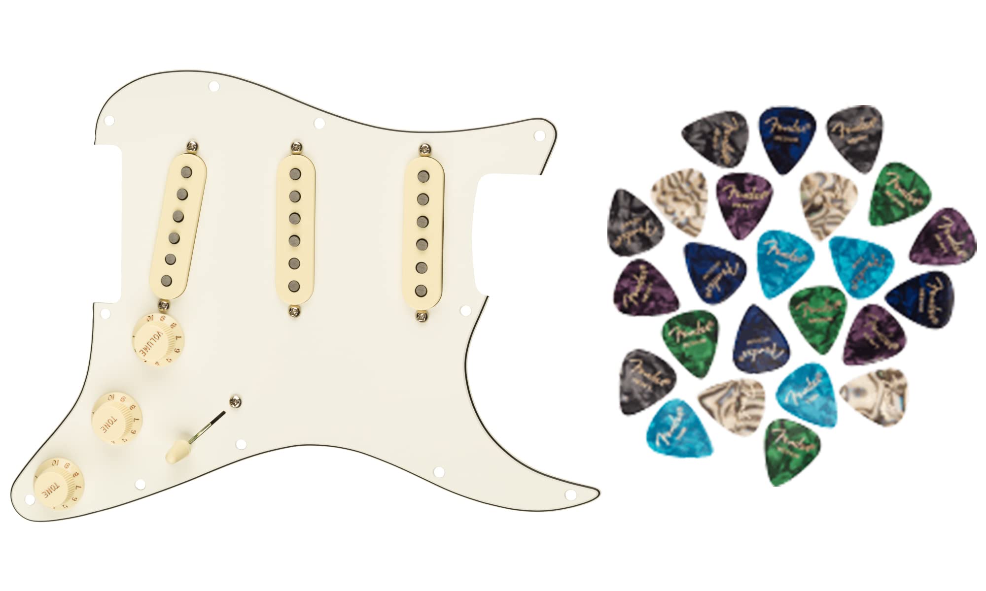 Fender Tex-Mex SSS Pre-Wired Stratocaster Pickguard Bundle with Guitar Picks - Perfect for Electric Guitar Upgrades & DIY Installations