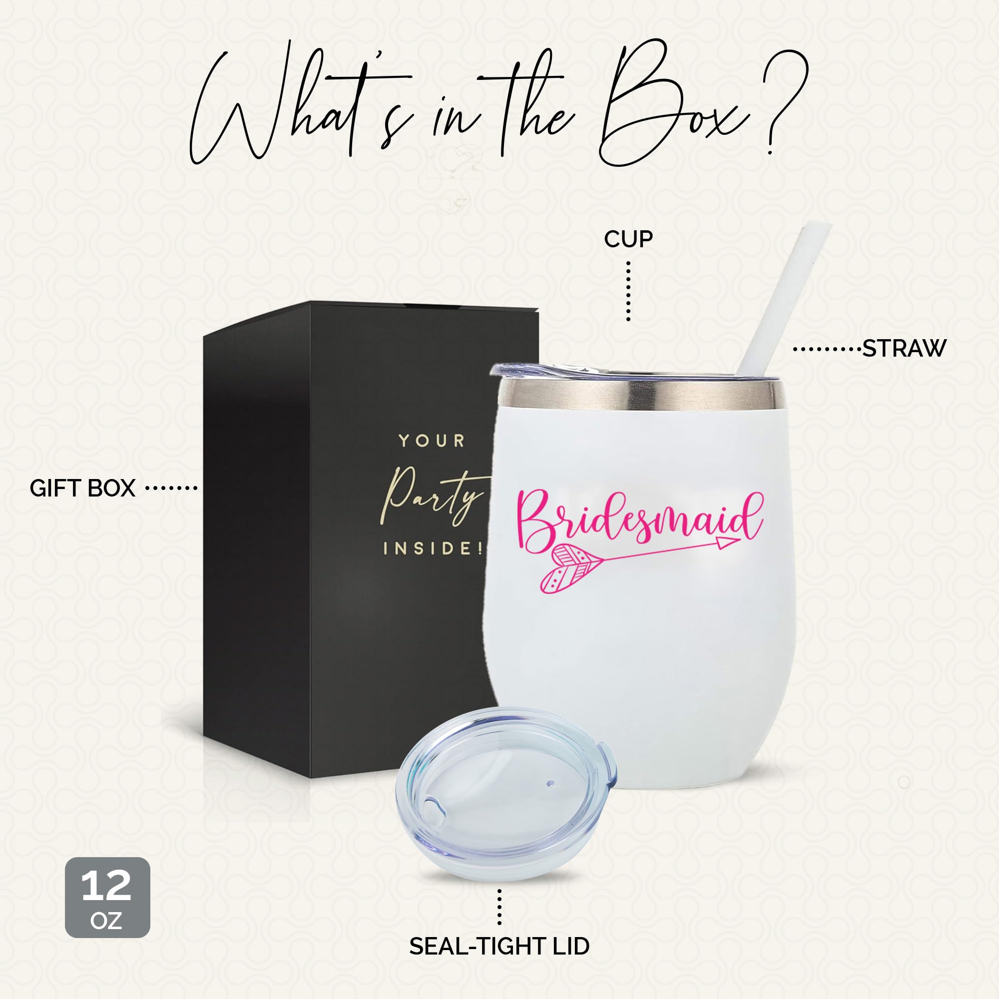 12oz White Stainless Steel Wine Tumbler with Straw & Lid - Perfect Bridesmaid Proposal Gift, Wedding Party Favor, Bachelorette Accessories - Ideal for Bridal Showers, Girls' Night Out & Special Celebrations
