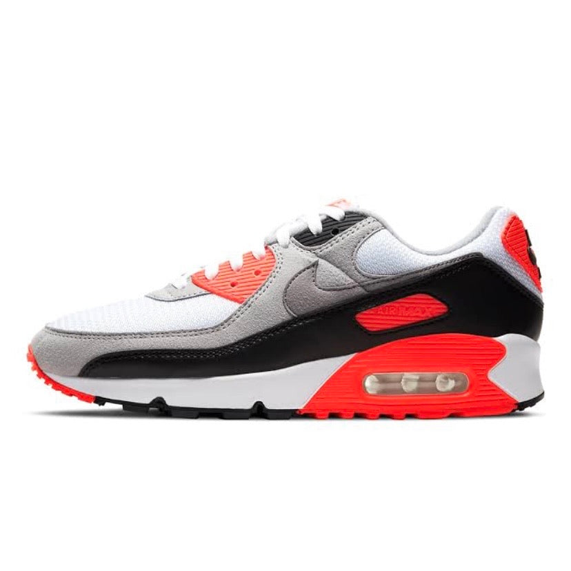 Nike Air Max 90 Radiant Red Infrared 30th Anniversary Sneakers - White Black Cool Grey OG Retro Running Shoes for Men & Women | Gym Workout, Casual Wear, Street Fashion