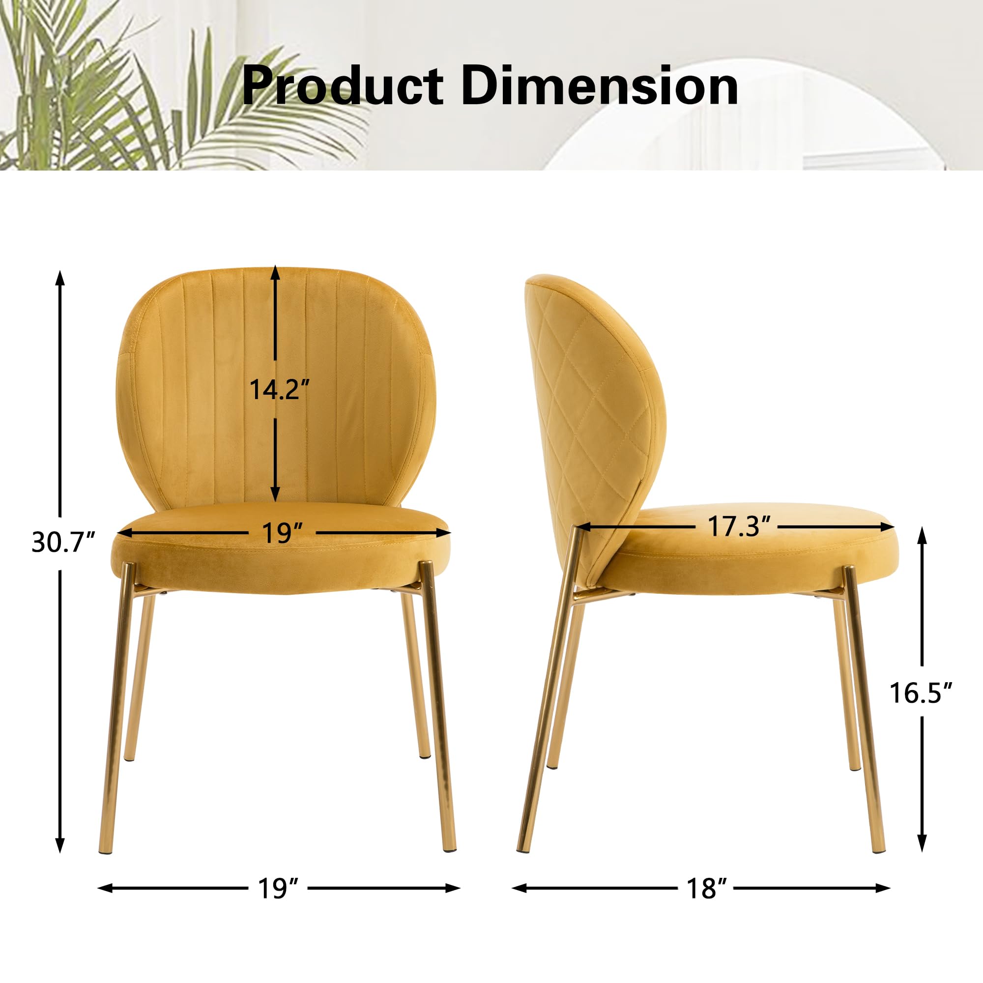 DAGONHIL Mid Century Modern Velvet Dining Chairs Set of 2 - Yellow Upholstered Vanity Chairs with Golden Metal Legs for Kitchen, Dining Room, Living Room & Bedroom - Perfect for Home Decor & Small Spaces (2PCS, Yellow)