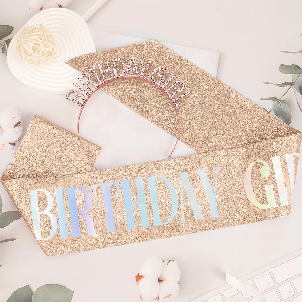 Rose Gold Glitter Birthday Sash & Crown Set for Women - Rhinestone Tiara & Headband - Perfect for Birthday Princess Parties, Bachelorette Celebrations & Special Occasions