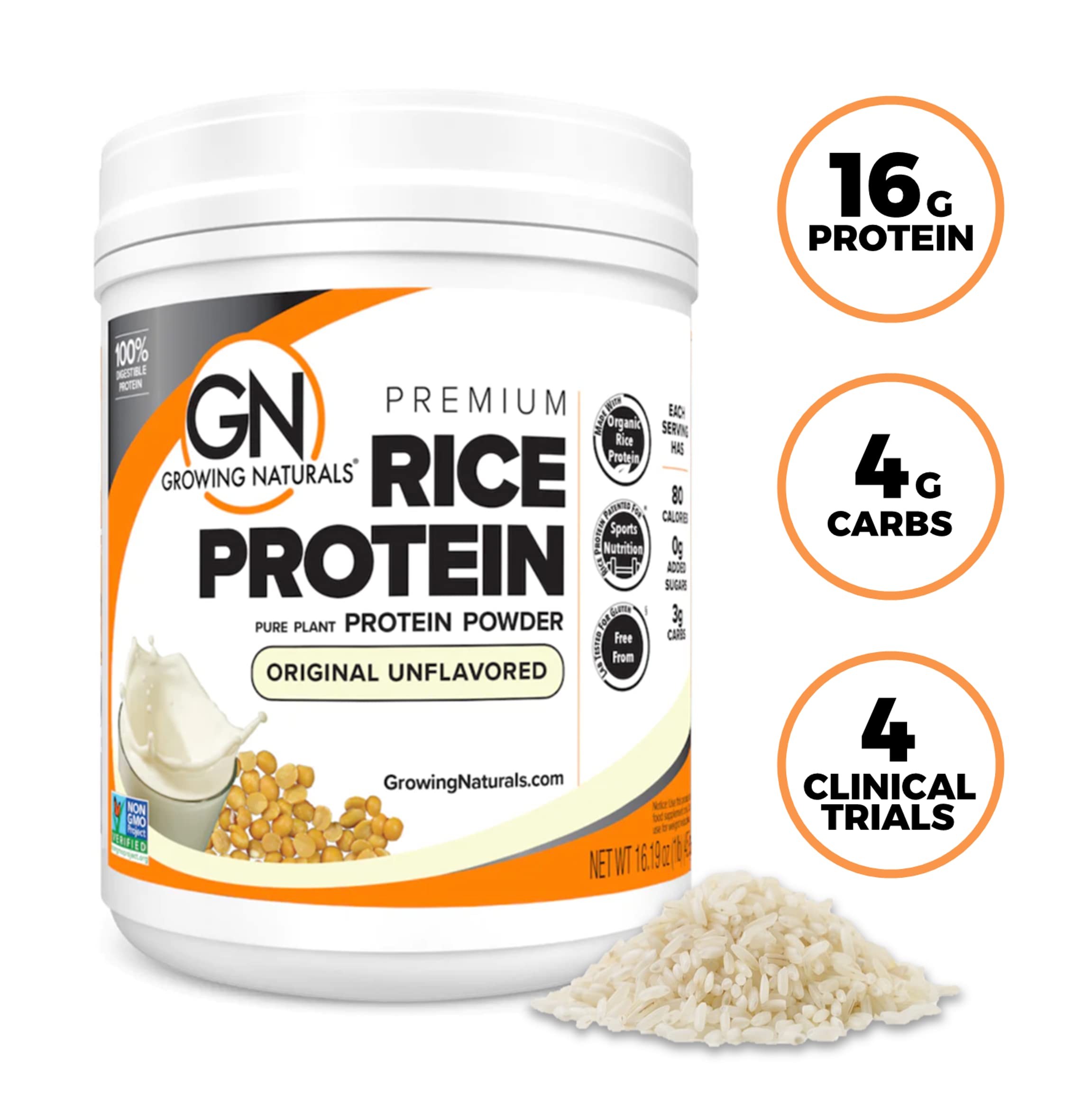 Organic Rice Protein Powder - 15g Plant-Based Protein, 2.8G BCAA - Low-Carb, Keto-Friendly, Vegan, Non-GMO, Gluten-Free - Unflavored, 16.2oz (1 Pack) for Smoothies, Baking & Post-Workout Recovery