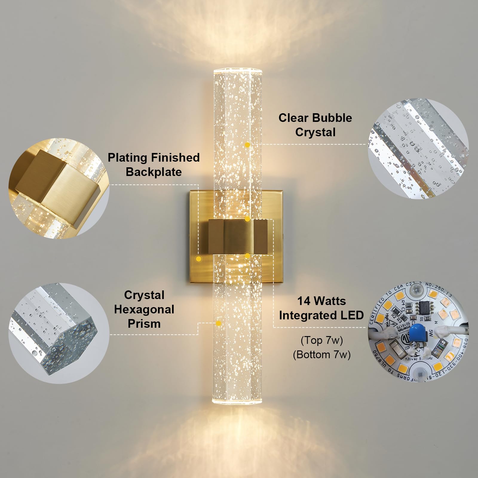 Gold Wall Sconces Set of 2 - 14W Dimmable LED Crystal Bathroom Light Fixtures with Bubble Glass (15.7 Inch) - Indoor Vanity Lighting for Bathroom, Hallway & Bedroom (2 Pack) | Perfect for Modern Home Décor & Ambient Lighting