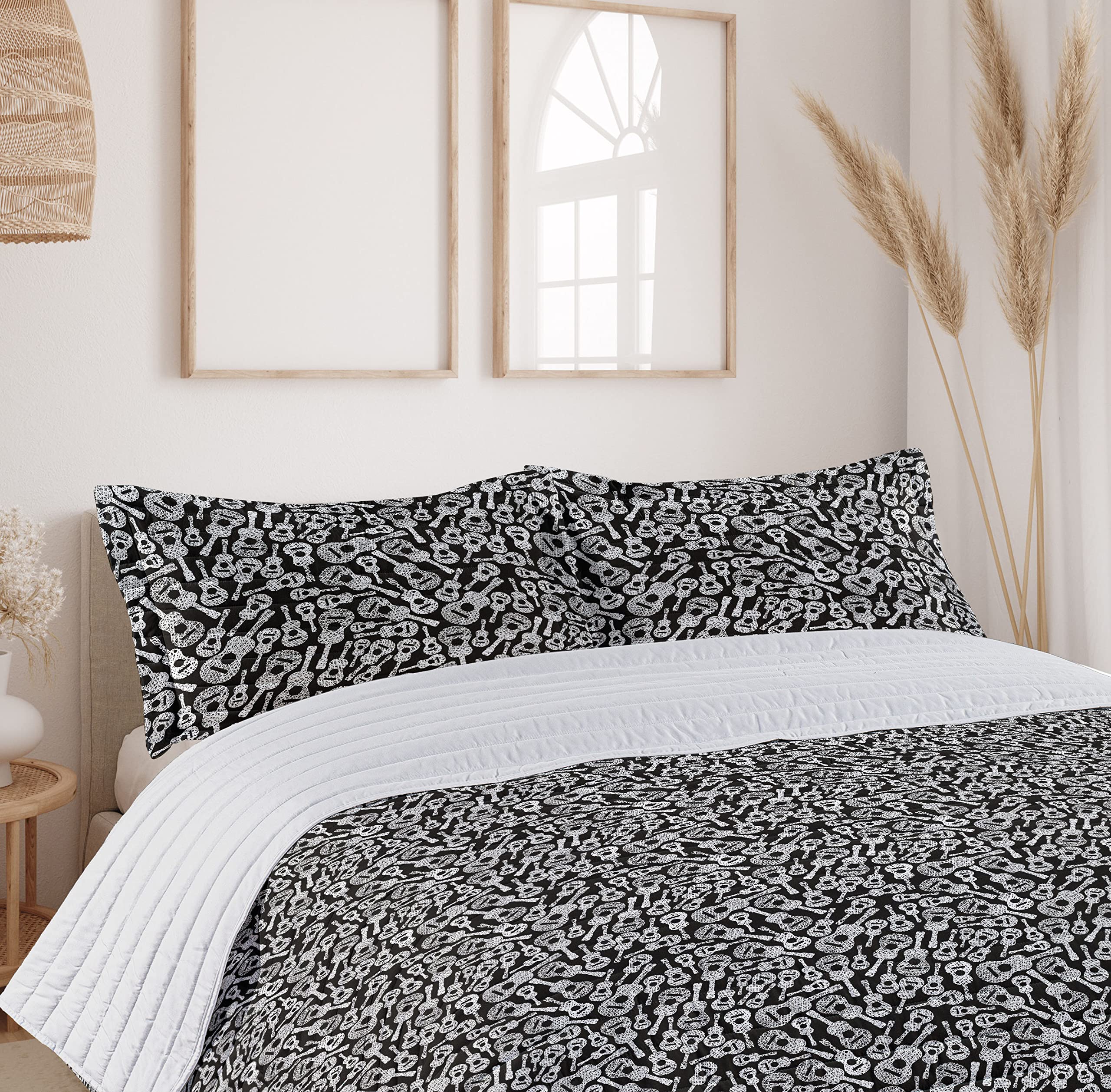 Ambesonne Black and White Microfiber Bedspread Set - Abstract Guitar Design with Grunge Effect, Soft King Size Comforter with Pillow Shams | Music Lover Bedroom Decor, Cozy Modern Bedding for Guest Rooms & Master Suites