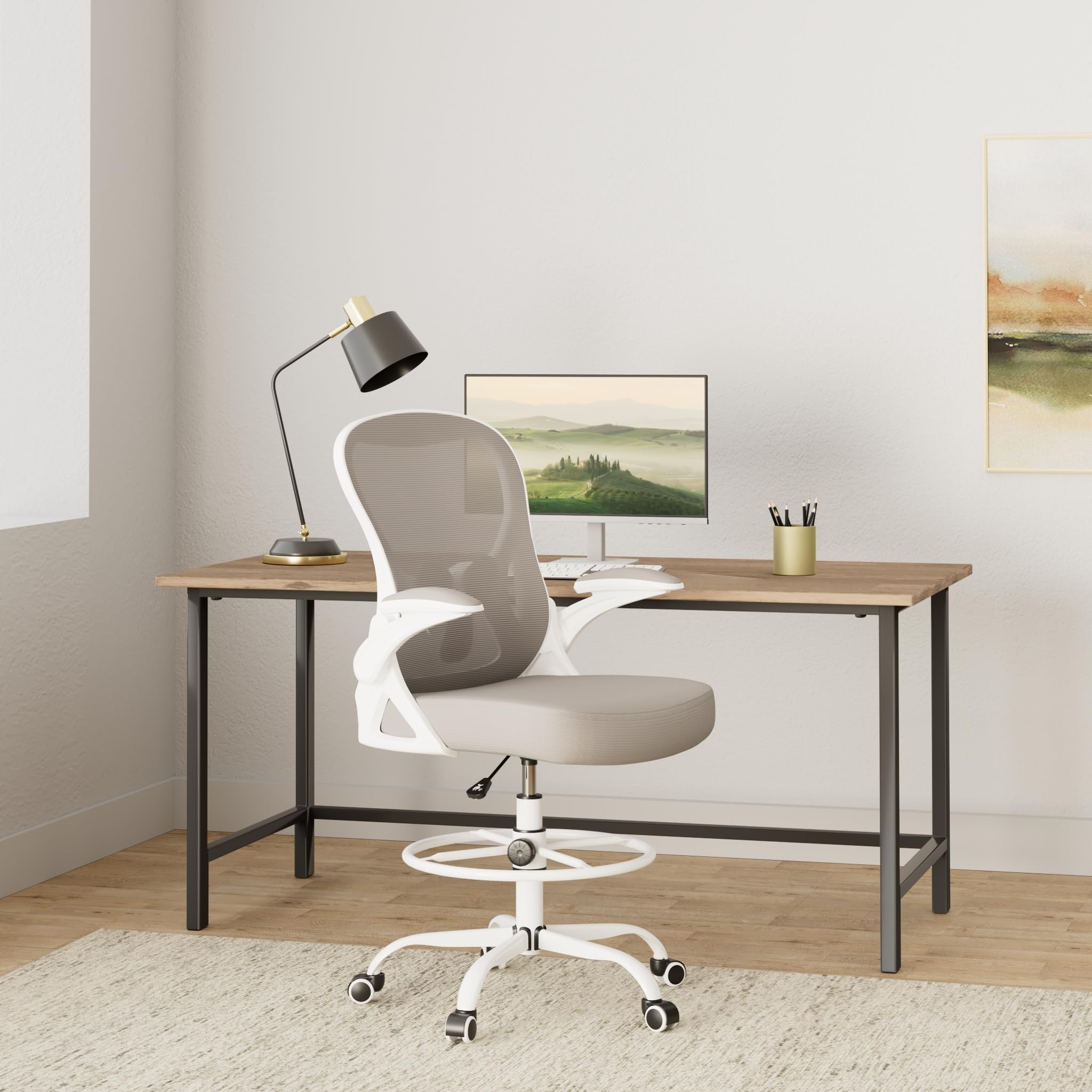 Ergonomic Drafting Chair - Adjustable Height Office Chair with Lumbar Support, Swivel & Rolling Base, Flip-Up Armrests & Foot Ring for Standing Desk - Perfect for Architects, Artists & Home Office (Gray)