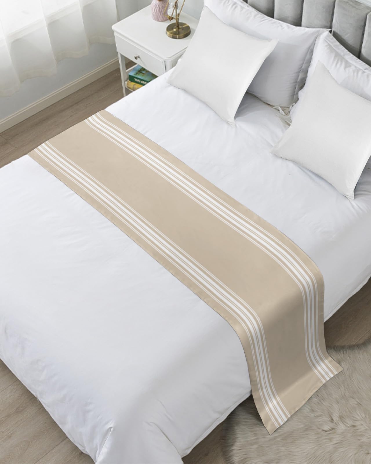 Luxury Beige Striped Bed Runner for Cal King Size Bed - Modern Farmhouse Abstract Art Bed Scarf Throw (102