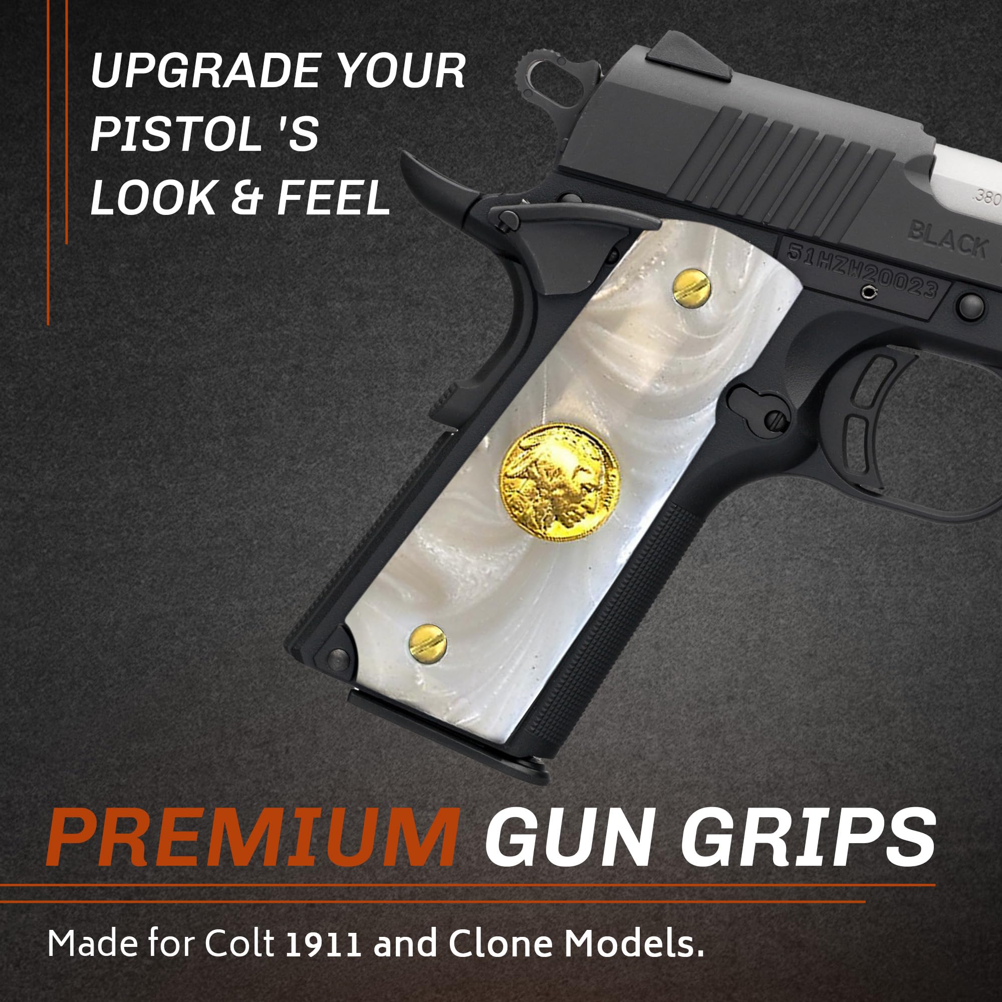 Premium Gun Grips for Full Size 1911 - Pearl White with Black & Gold Eagle Design - Compatible with Government Models & Clones (Taurus, S&W, Springfield, Rock Island) - Perfect for Competitive Shooting, Hunting & Firearm Enthusiasts