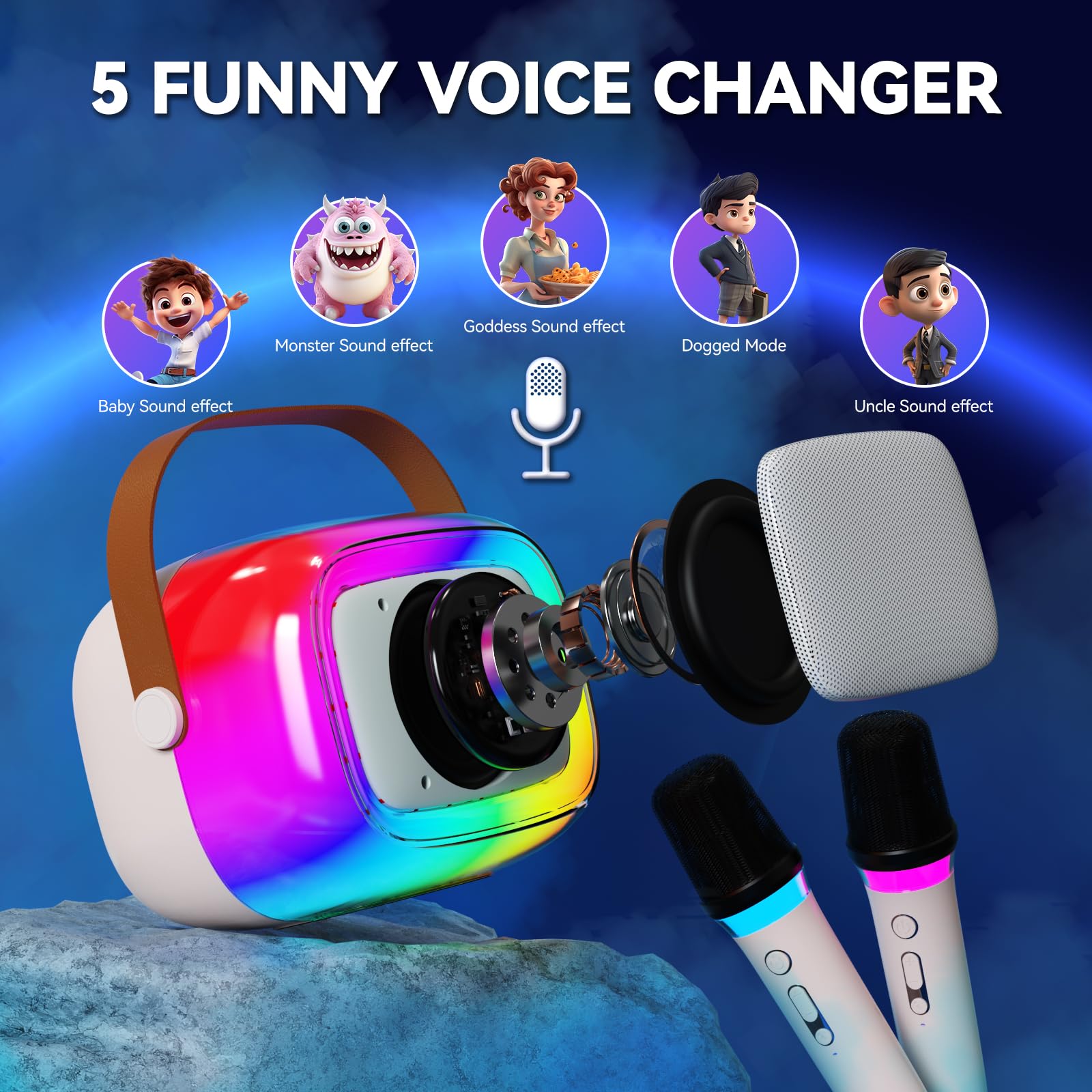 GUYUCOM Kids Karaoke Machine with 2 Wireless Microphones, 5 RGB Lighting Modes, Bluetooth Compatible with Smartphones/Tablets/TVs - Perfect for Children Ages 4-10 | Birthday Gifts, Family Parties & Home Entertainment