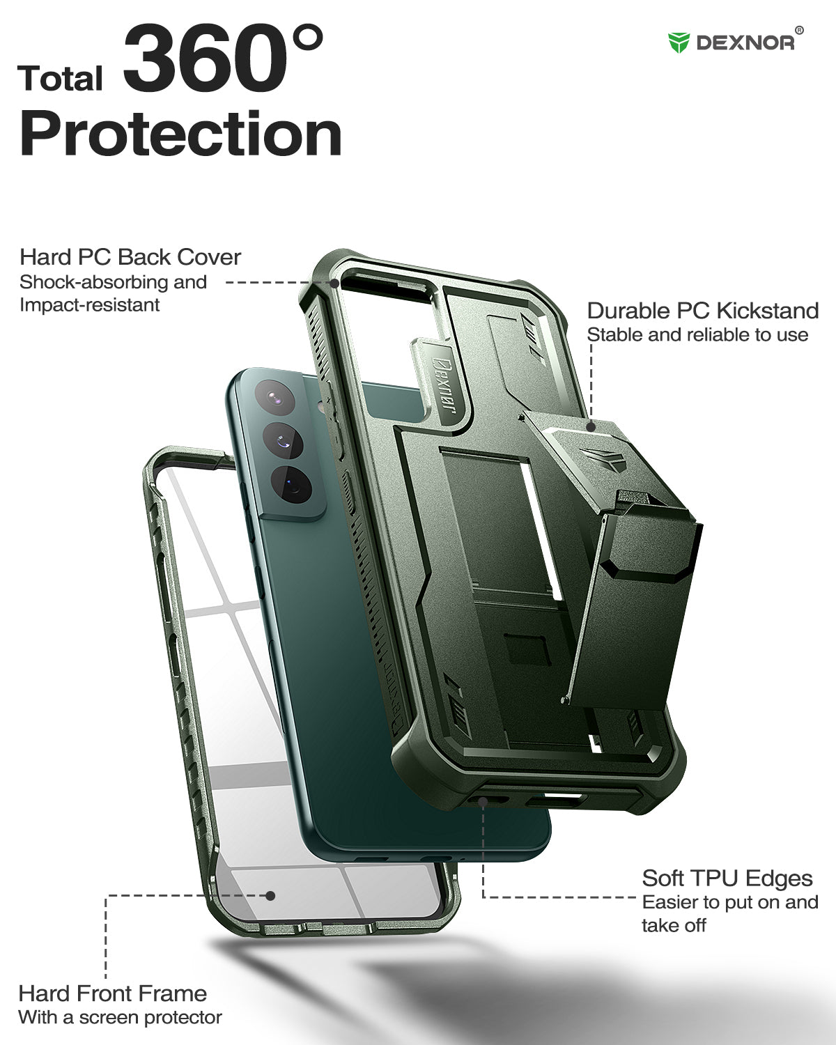 Dexnor Heavy Duty Shockproof Rugged Case for Samsung Galaxy S22 with Built-in Kickstand & Screen Protector - Perfect for Outdoor, Work, and Everyday Protection