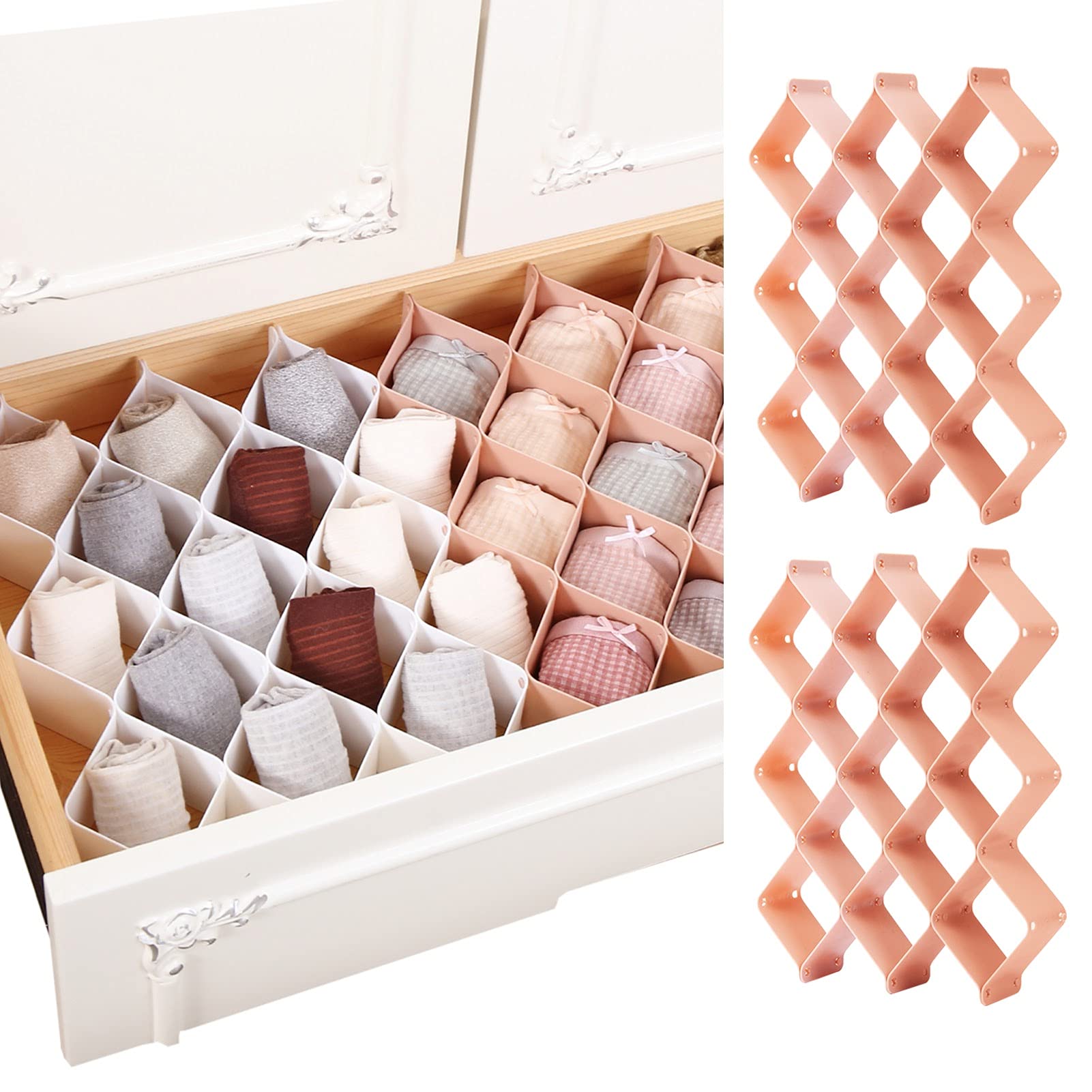 Honeycomb Drawer Organizer for Underwear & Accessories - 46 Slots Dresser Divider for Belts, Ties, Makeup, Medicine, Office Supplies - Space Saving Storage Solution for Bedroom, Bathroom & Closet (2 Pack, Pink)