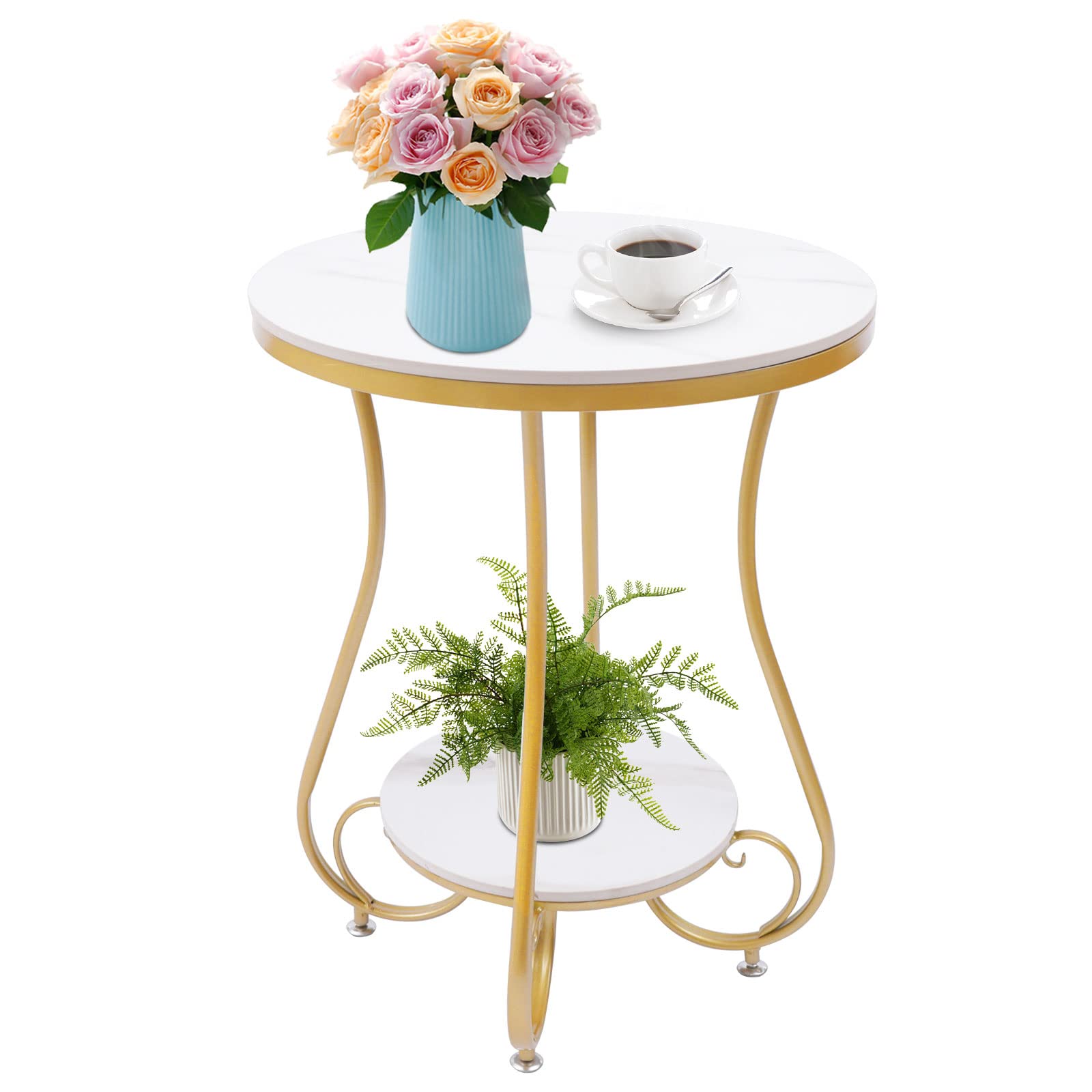 Luxury Marble End Table with Storage Shelf - Modern Sofa Side Table, Corner Table, Nightstand & Snack Table - Indoor/Outdoor Marble-Look Furniture for Living Room, Bedroom & Patio