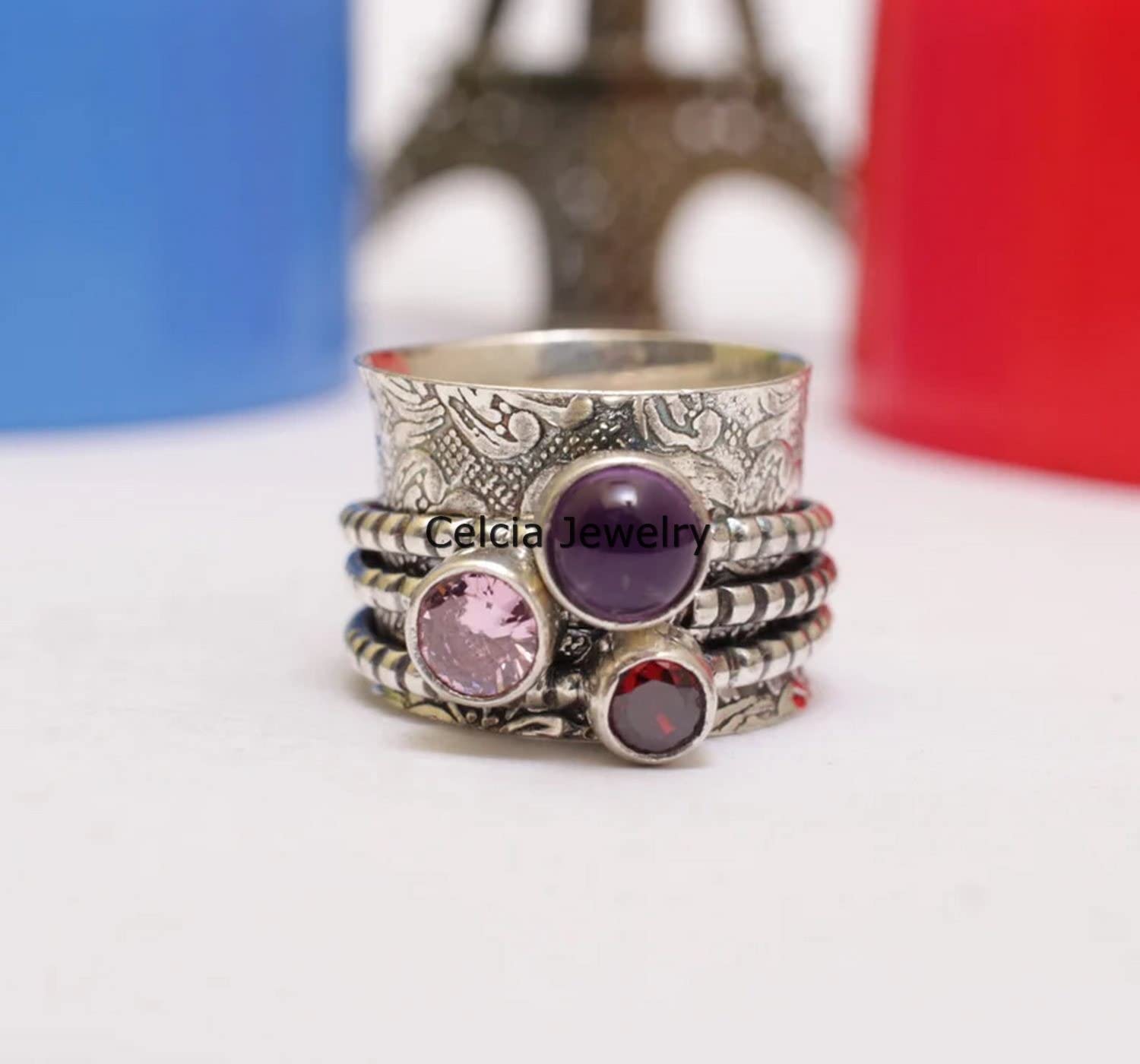 Amethyst & Garnet Double Gemstone Silver Spinner Ring - January & February Birthstone Jewelry, Meditation & Anxiety Relief Fidget Ring, Size 7 - Perfect for Stress Relief, Focus & Spiritual Healing